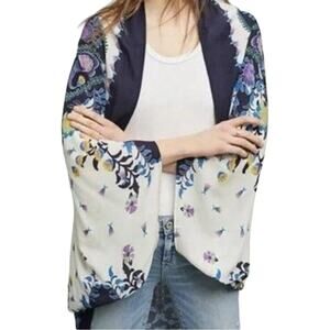 Anthropologie Floral Boxy Kimono Cocoon Jacket Shawl One Size white blue purple